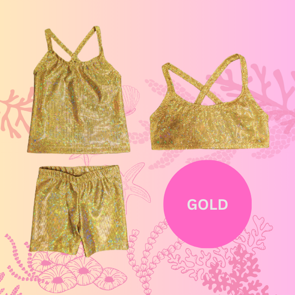 Gold sparkle singlet top, crop top and shorts gymnastic outfit Brisbane Australia