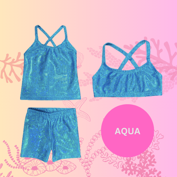 Aqua blue sparkle singlet top, crop top and shorts gymnastic outfit Brisbane Australia