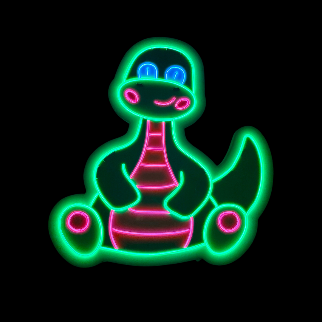 Green baby dinosaur with a pink tummy neon light