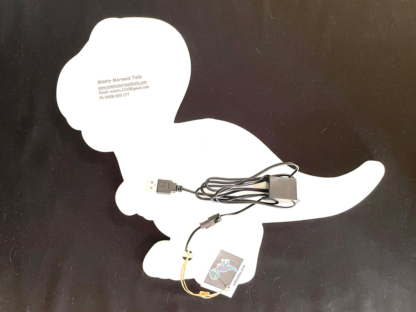 Back view of T-Rex dinosaur neon light with USB lead