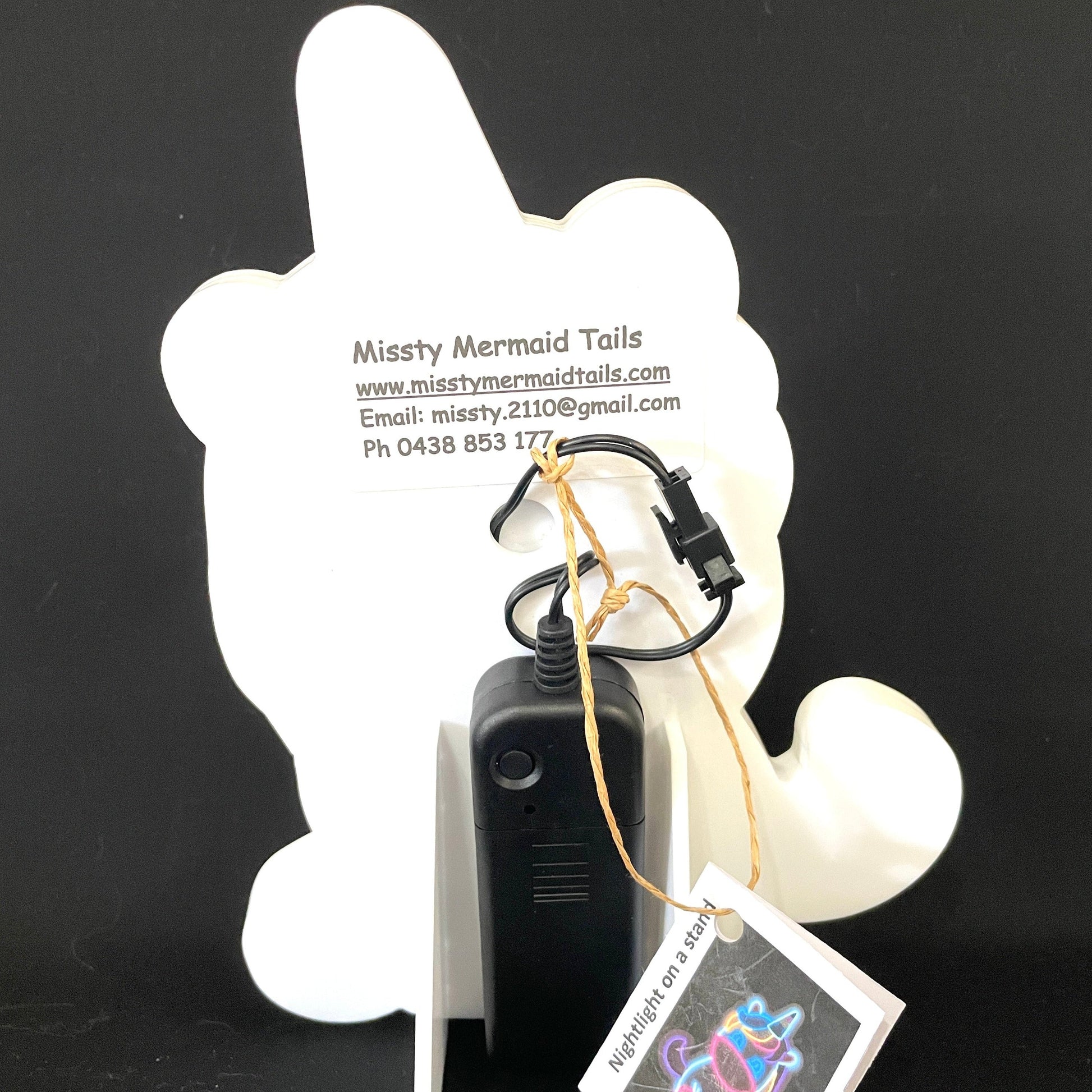 Back view of baby unicorn neon light with battery pack