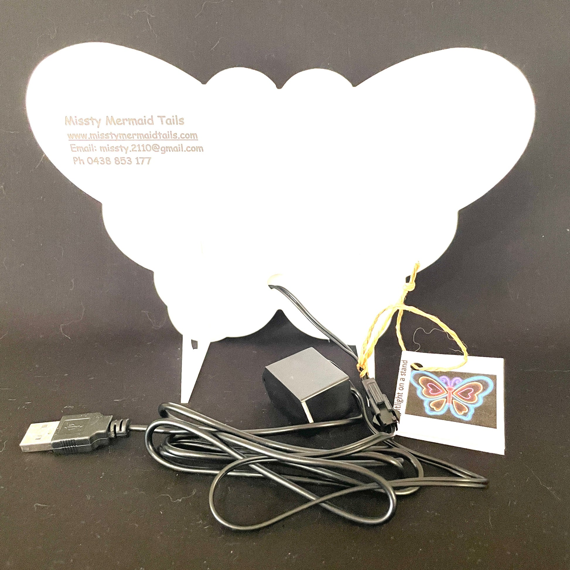 Back view of butterfly neon light with USB lead