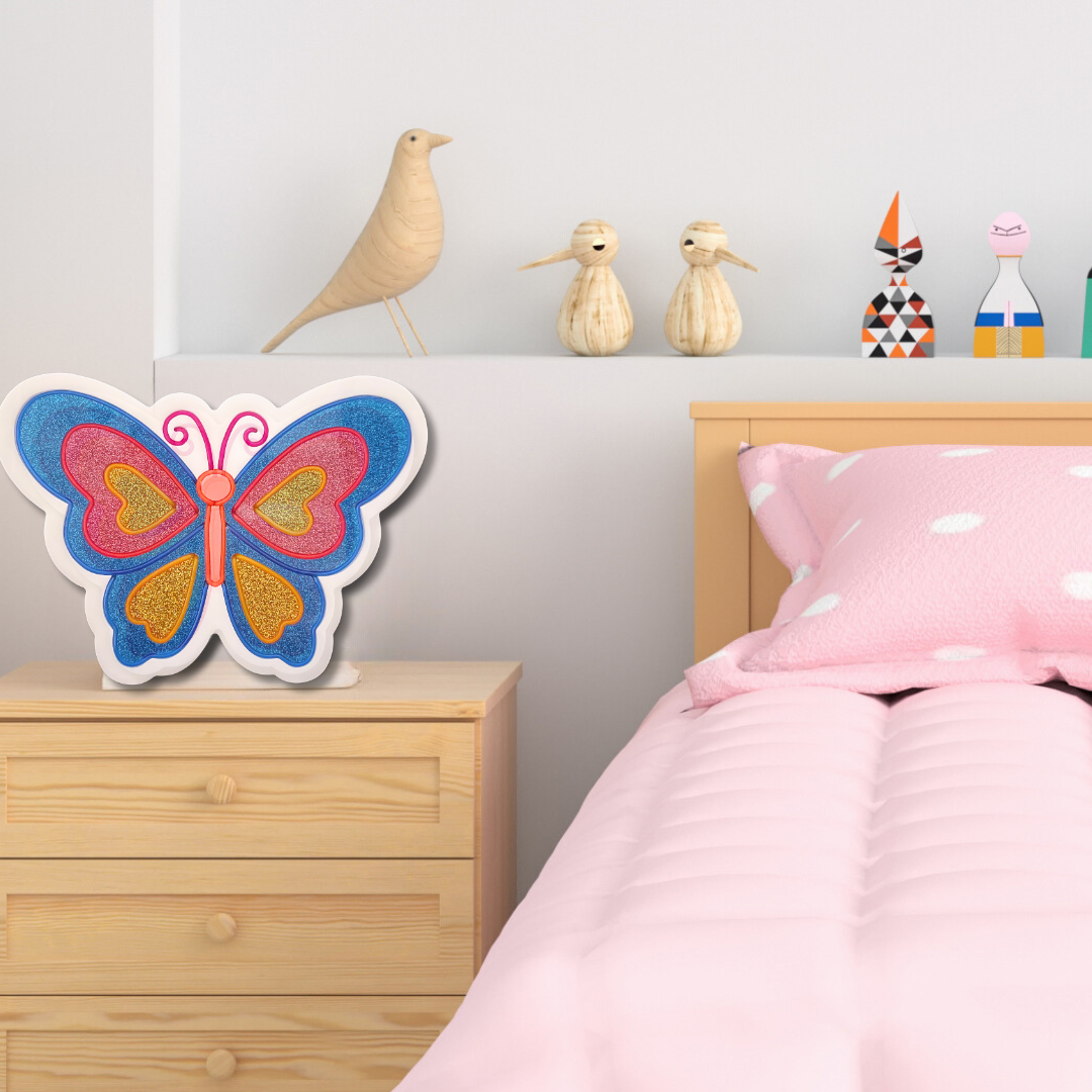 Blue butterfly neon light on bedside table