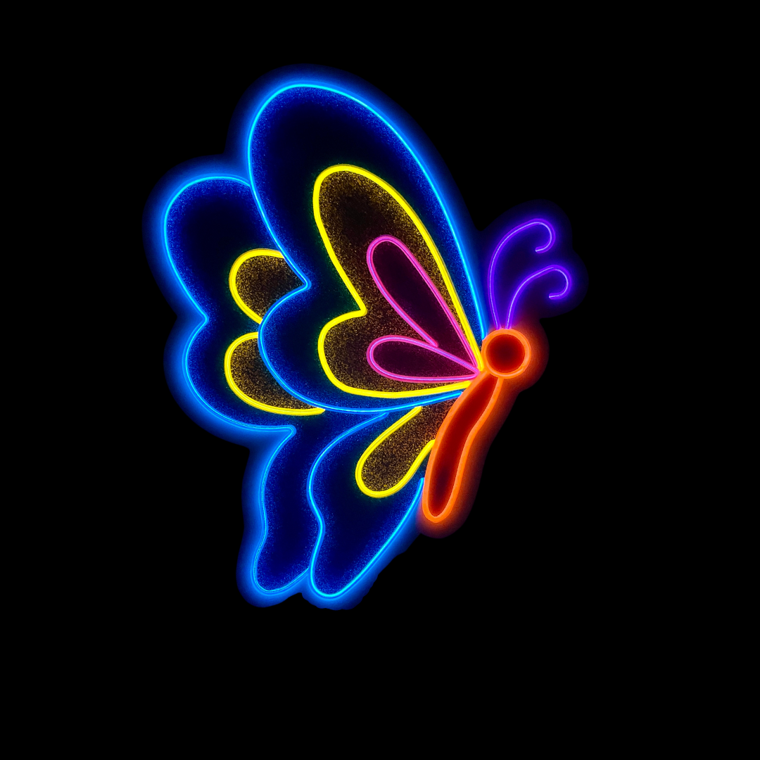 Blue, gold and pink butterfly with the wongs closed neon light