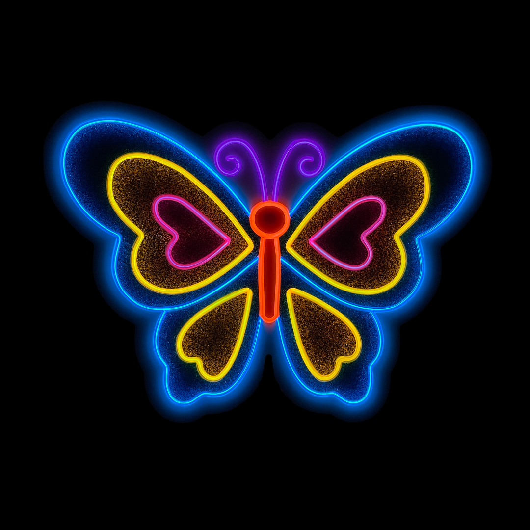 Blue, yellow and pink butterfly with the wings open neon light