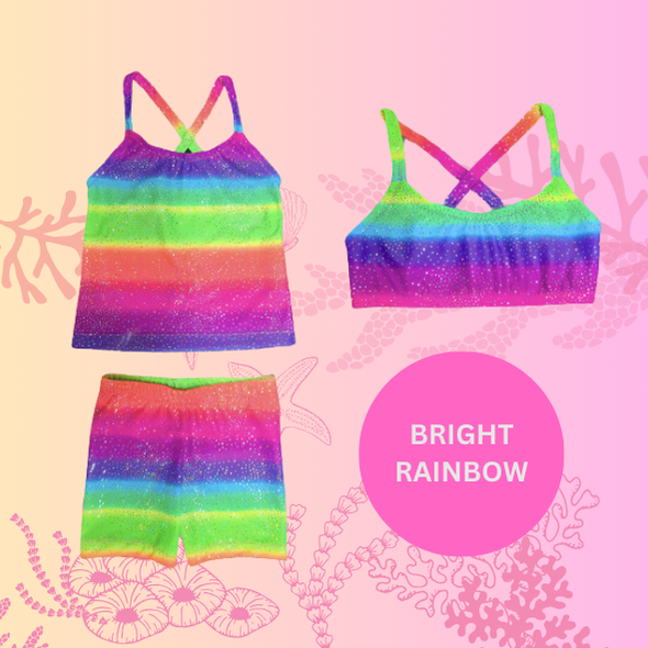 Bright Rainbow sparkle singlet top, crop top and shorts gymnastic outfit Brisbane Australia