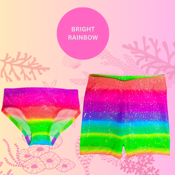 Bright rainbow sparkle pant style and short style bikini bottoms Brisbane Australia