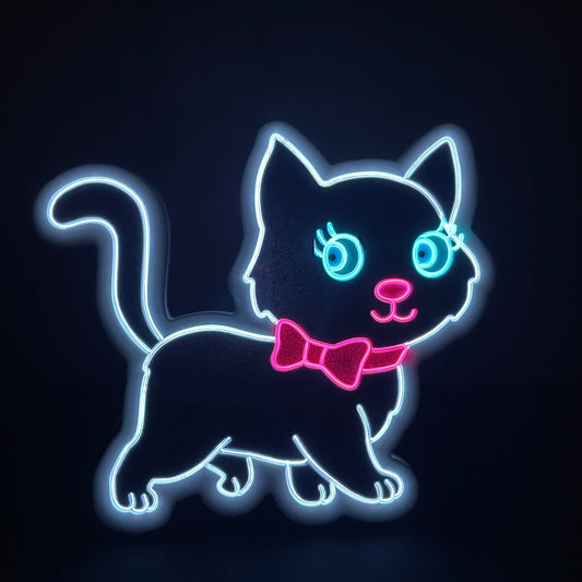 Silver cat with white EL wire and a pink bow neon light