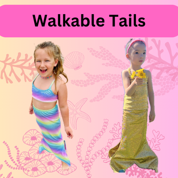 Two young girls wearing different styles of walkable dress-up mermaid tails  