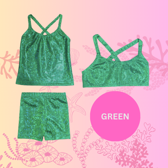 Green sparkle singlet top, crop top and shorts gymnastic outfit Brisbane Australia