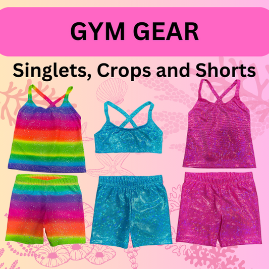 Gymnastic outfits in Bright rainbow, qua blue and hot pink