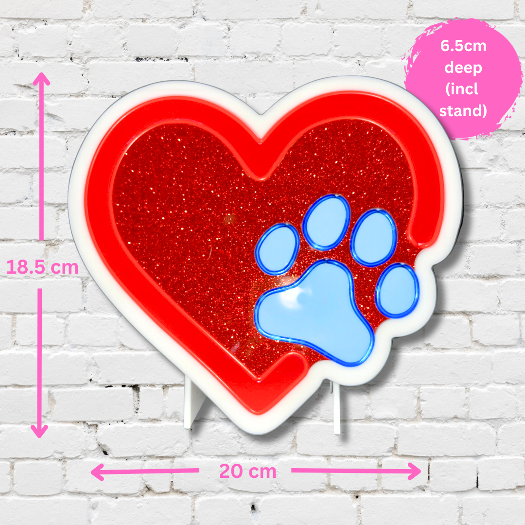 Measurements of red heart with blue paw neon light