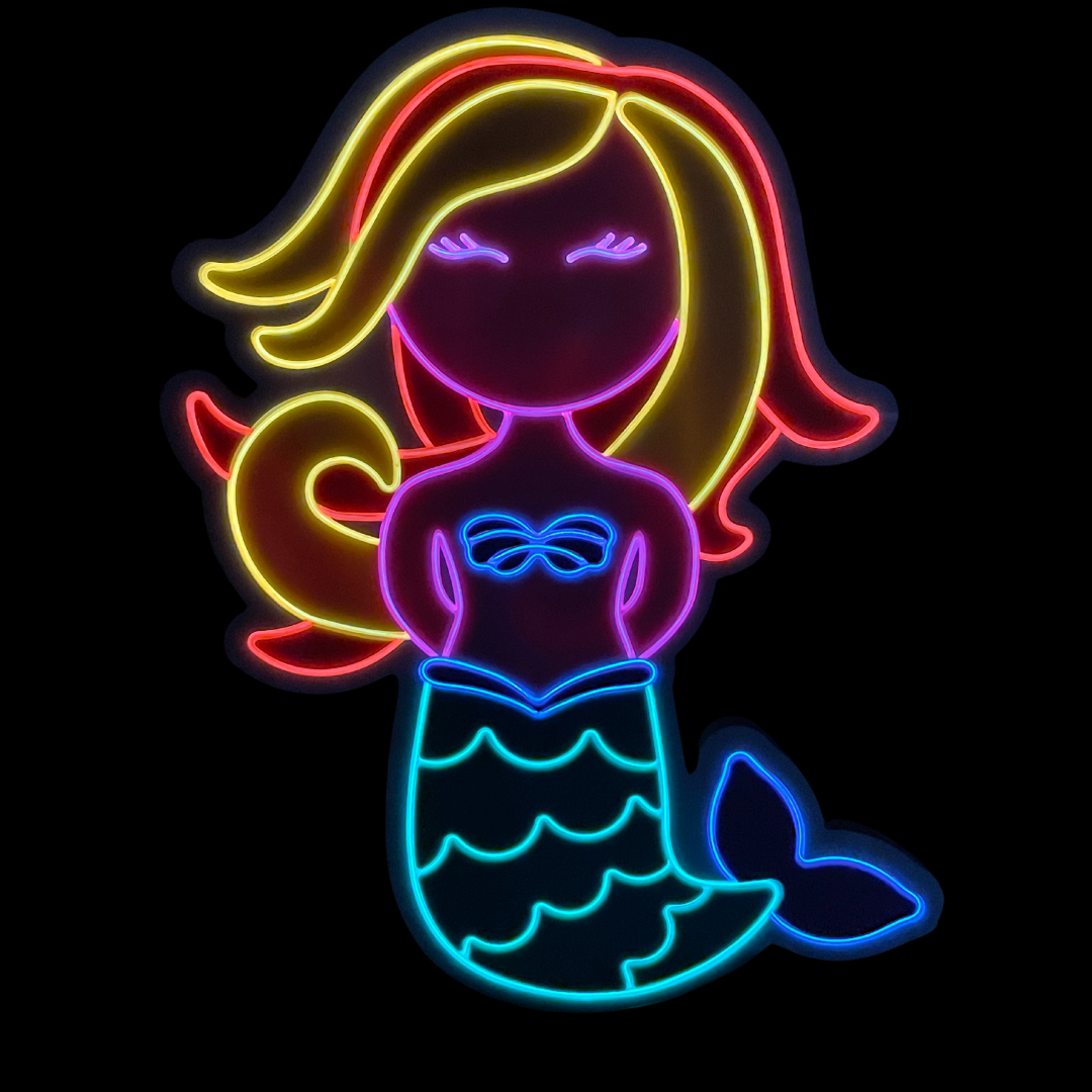 A neon light in the shape of a mermaid with a green tail and purple top