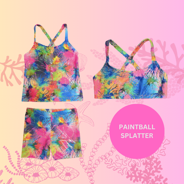 Paintball splatter look singlet top, crop top and shorts gymnastic outfit Brisbane Australia