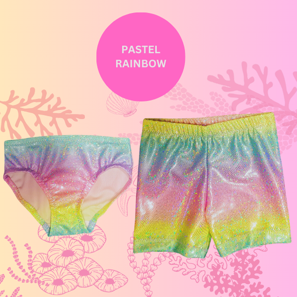 Pastel rainbow sparkle pant style and short style bikini bottoms Brisbane Australia