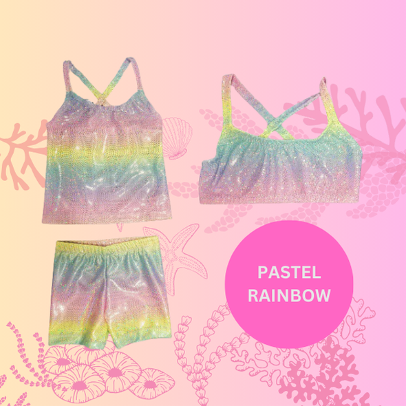 Pastel rainbow sparkle singlet top, crop top and shorts gymnastic outfit Brisbane Australia