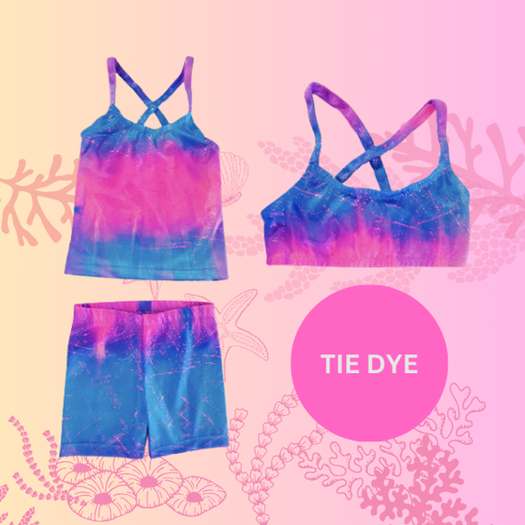 Pink and blue tie-dye singlet top, crop top and shorts gymnastic outfit Brisbane Australia