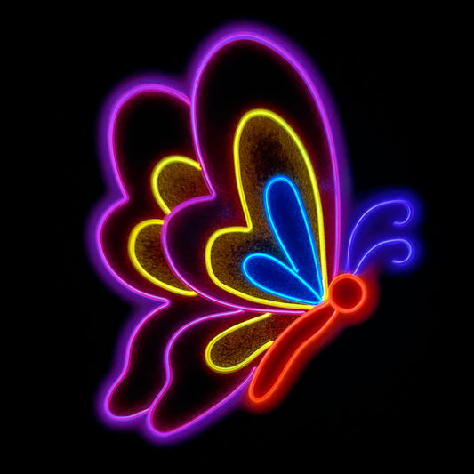 Pink, gold and blue butterfly with its wings closed  neon light lit up