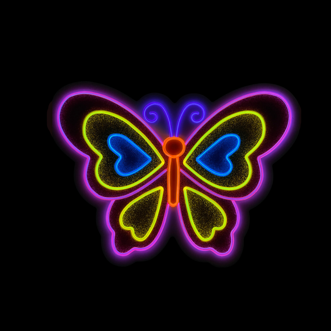 Pink, yellow and blue butterfly with its wings open neon light lit up