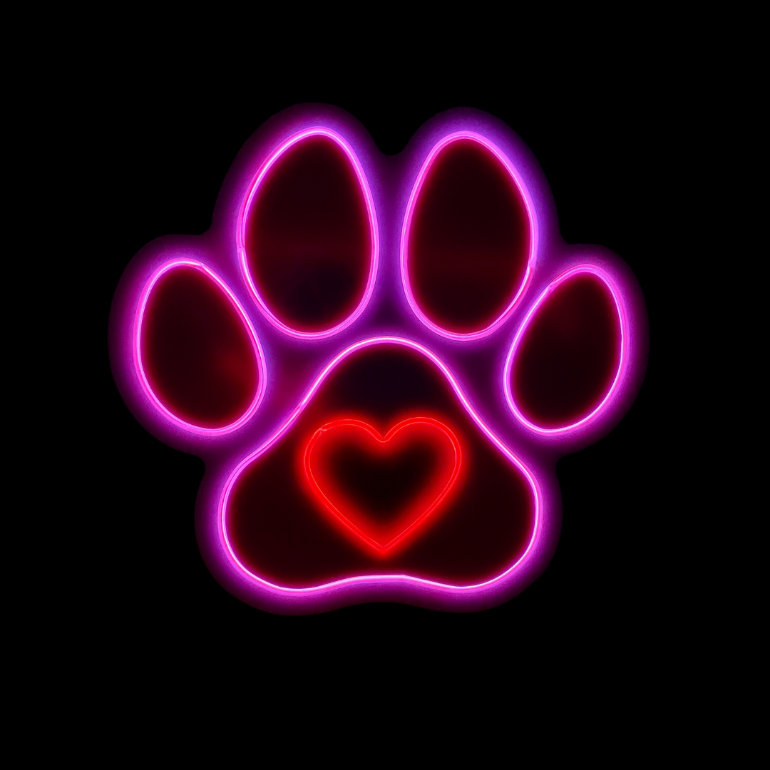 Pink paw print with a red heart in the centre neon light