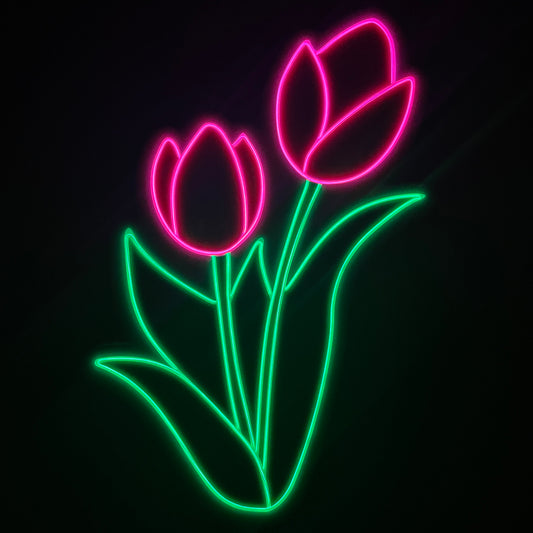 Two pink tulips with green leaves and stems neon light lit up