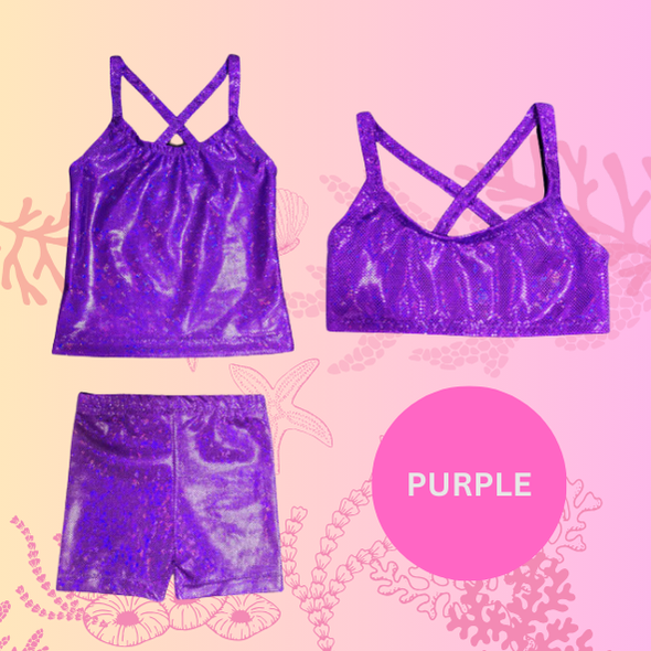 Purple sparkle singlet top, crop top and shorts gymnastic outfit Brisbane Australia