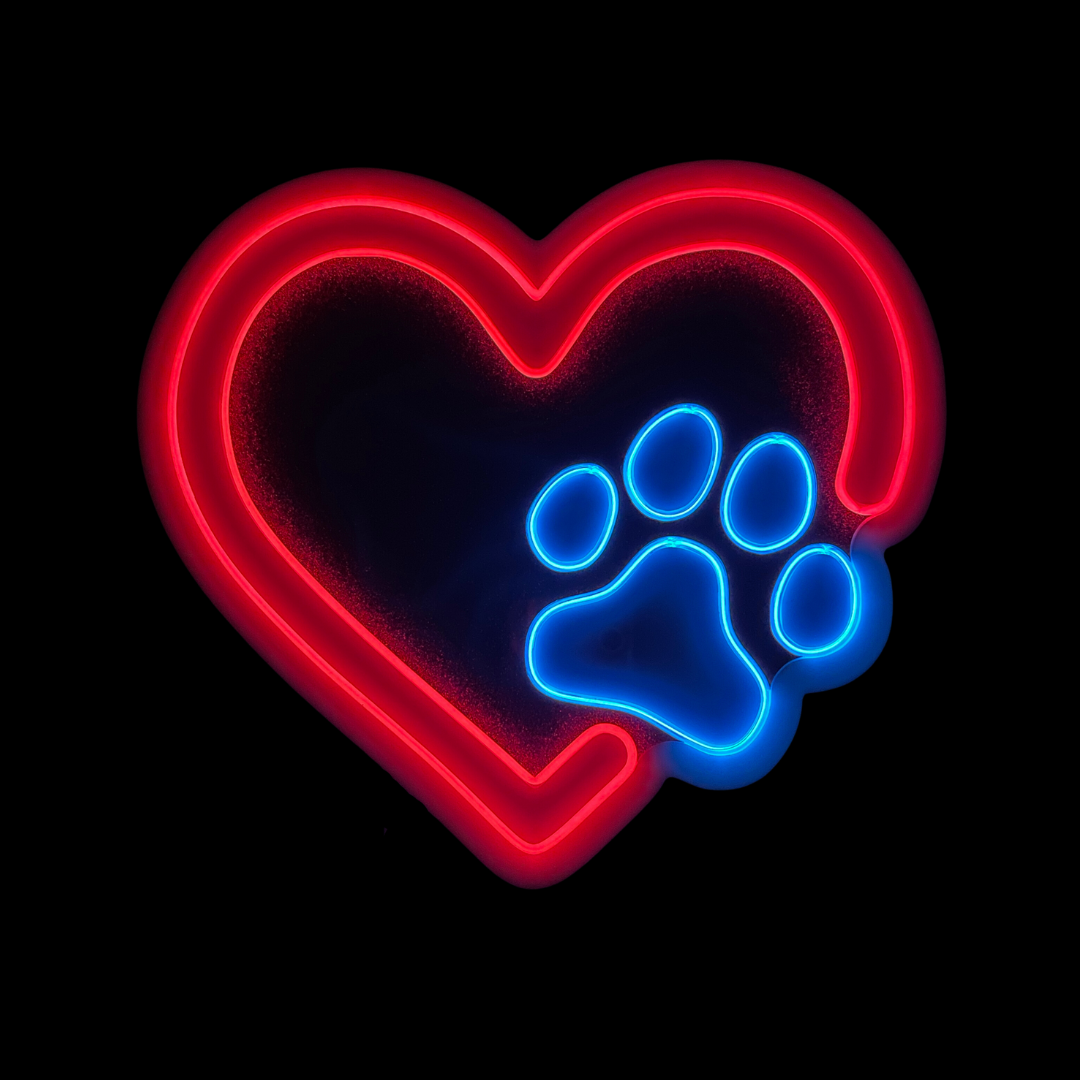Red heart with a blue paw print neon light