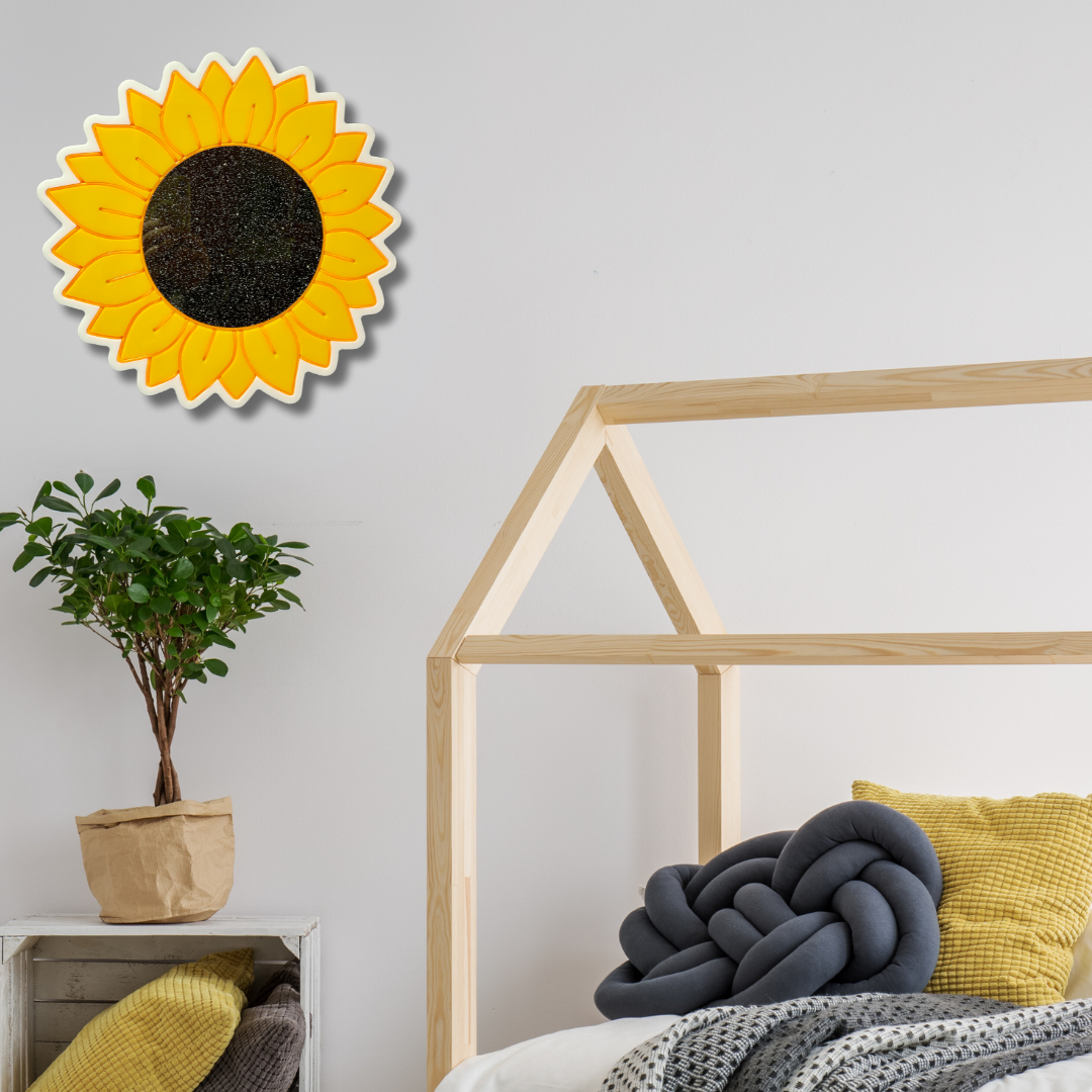 Sunflower neon light not lit up mounted on a wall