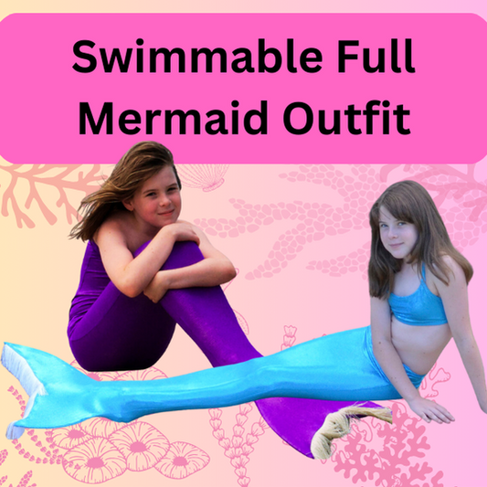 Two girls in mermaid costumes with text 'Swimmable Full Mermaid Outfit' on a pink background.
